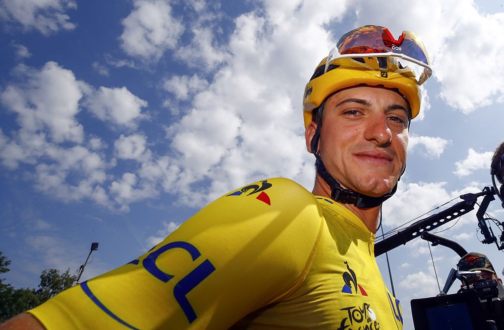 Giulio Ciccone (Trek-Segafredo) in the yellow jersey at the start of stage 7 at the Tour de France