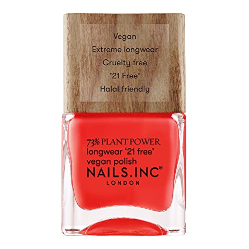 Nails Inc Plant Power Nail Polish, Time for a Reset, Warm Coral, 73% Plant-Based, Long Wearing, Quick Dry, High Shine Gel Like Finish, 21-Free, Vegan & Cruelty Free Nail Polish, 14 Ml
