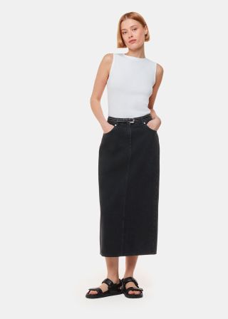 Washed Black Straight Denim Midi Skirt