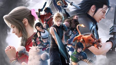 Key art for Final Fantasy 7 Revelation showing Cloud Strife holding his Buster Sword against a cloudy, stormy background, flanked by the rest of the party - cropped to fit a header image