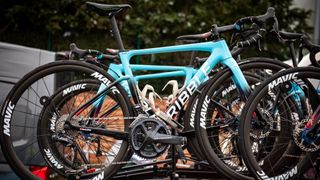 Ribble team bikes on a roof rack at Roubaix