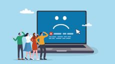 IT outage concept image showing workers looking at a laptop computer with blue screen of death (BSOD).