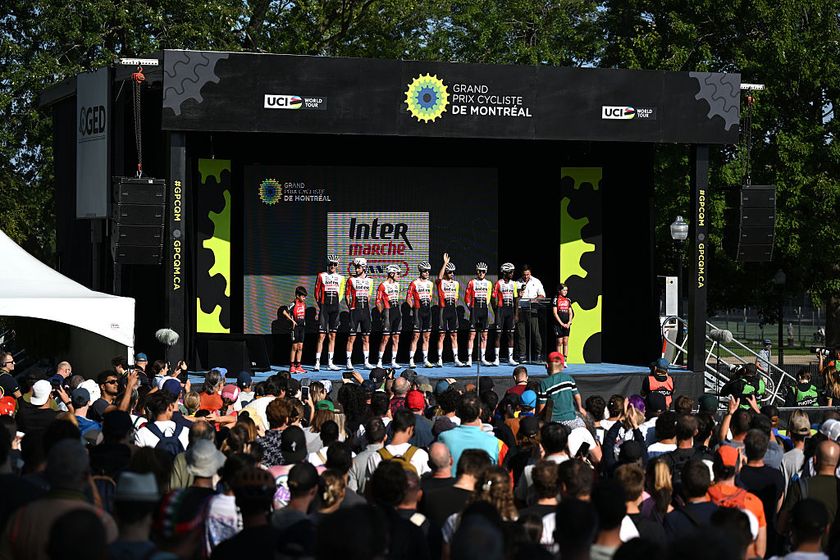 MONTREAL, QUEBEC - SEPTEMBER 14: Biniam Girmay of Eritrea, Louis Barre of France, Ylber Braet of Belgium, Alexander Kamp of Denmark, Tom Paquot of Belgium, Jonas Rutsch of Germany, Joel Van Sintmaartensdijk of Netherlands and Team Intermarche Wanty prior to the 14th Grand Prix Cycliste de Montreal 2025 a 209.1km one day race from Montreal to Montreal / #UCIWT / on September 14, 2025 in Montreal, Quebec. (Photo by Szymon Gruchalski/Getty Images)