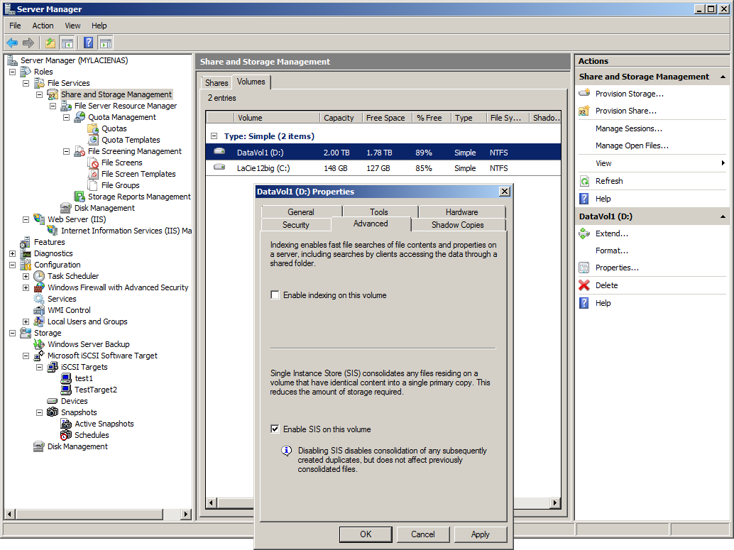 Microsoft&rsquo;s SIS service provides file level deduplication and is easily enabled on selected data volumes.