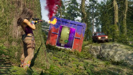 A character from PUBG: Dednet shooting at a car in the forest next to a red and purple shipping container