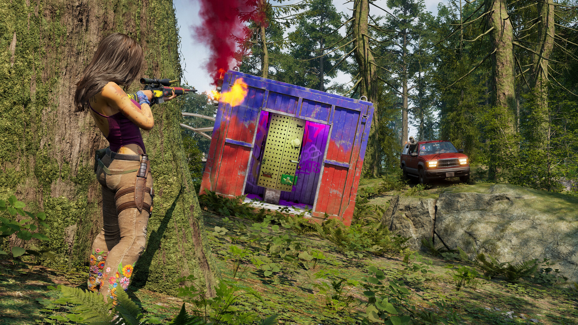 A character from PUBG: Dednet shooting at a car in the forest next to a red and purple shipping container
