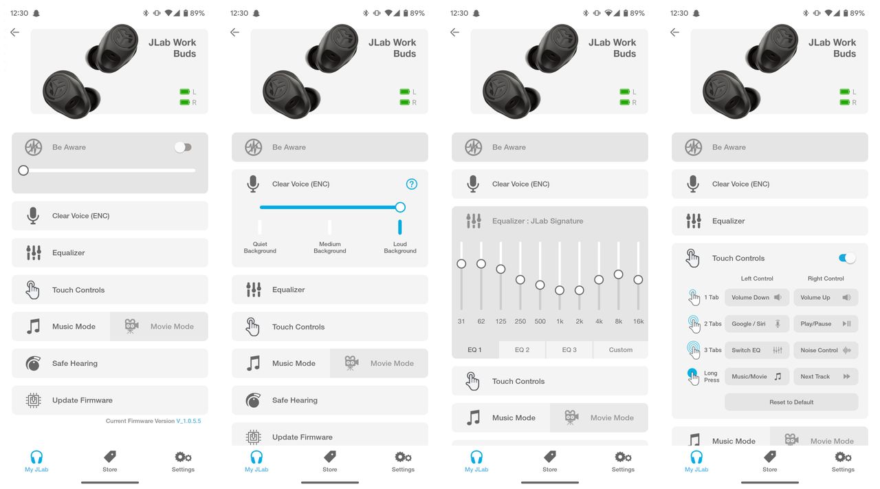 App and connectivity features for JLab Work Buds wireless earbuds with detachable microphone.