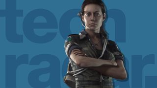 Best horror games: Amanda Ripley from Alien Isolation on a blue background