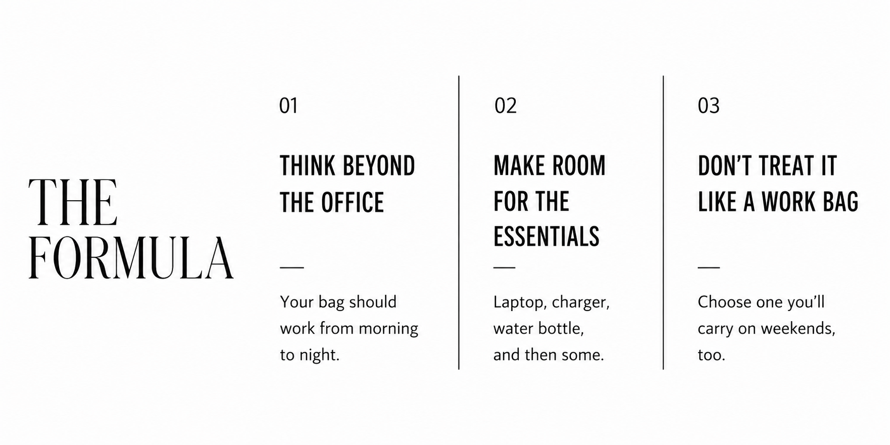 "the formula": for a bag, "think beyond the office" and more tips