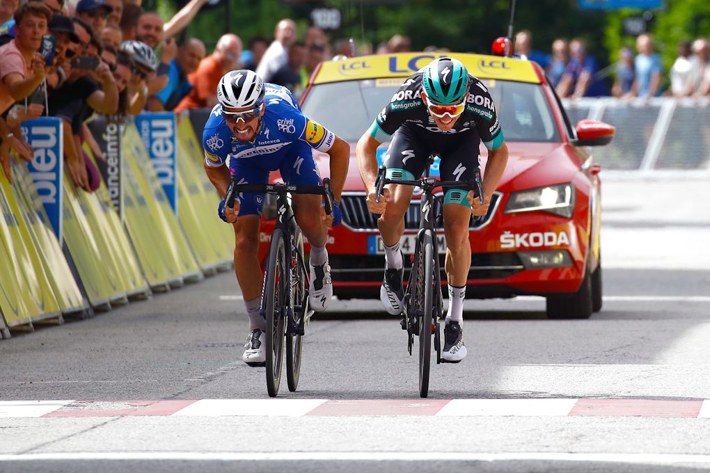 Julian Alaphilippe (Deceuninck-Quick Step) beats Gregor Muhlberger (Bora-Hansgrohe) to win stage 6 at Criterium du Dauphine