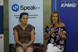Kristen Worley and Mianne Bagger address guests during a Speak Out event addressing diversity and inclusion in sport