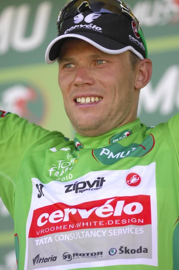 Thor Hushovd (Cervelo Test Team) on the podium as points leader