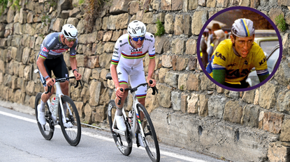 Tadej Pogačar, Mathieu van der Poel, and Sean Kelly (circled)