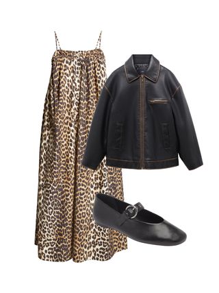 collage of leopard print dress, black leather jacket, and black mary jane flats