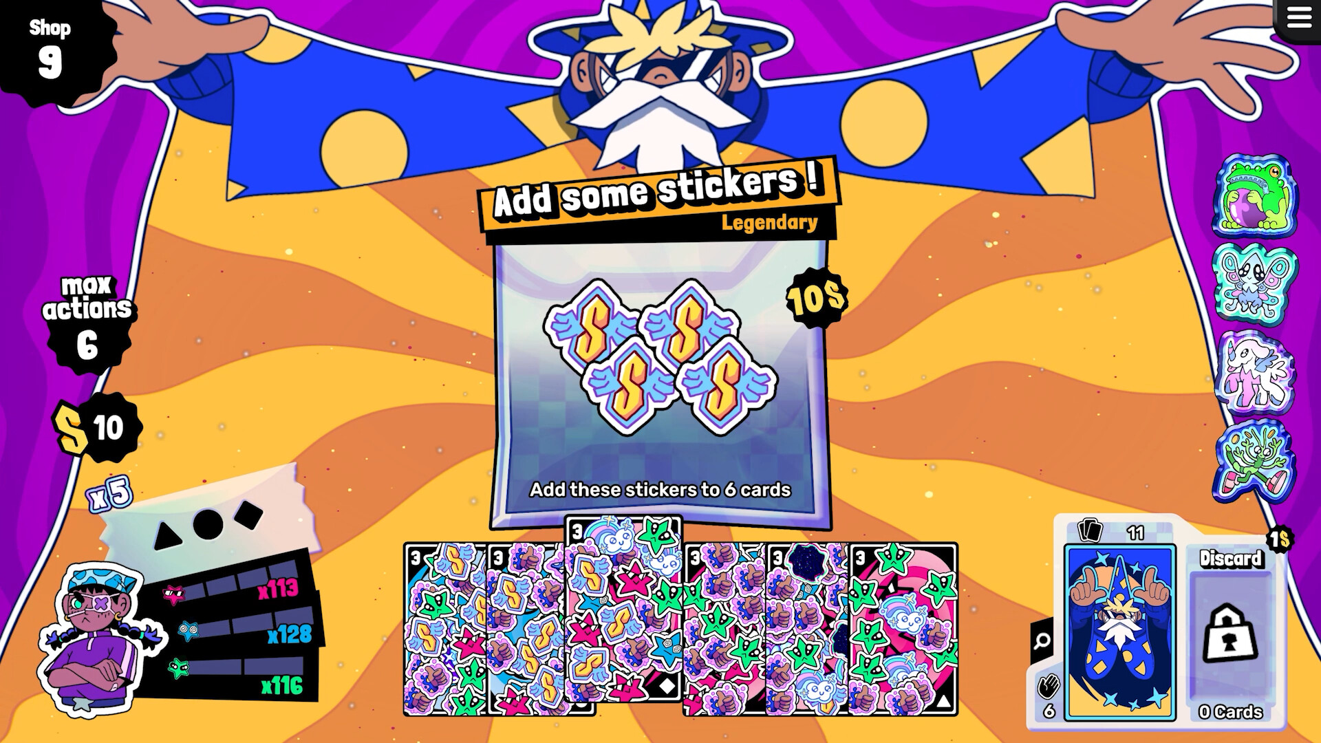 A sticker wizard stands above some cards with the prompt to add stickers to them in deckbuilding roguelike, Stickerino