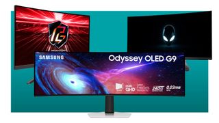 Three gaming monitors, the ASRock Phantom Gaming 27 inch, Samsung Odyssey OLED G9, and Alienware AWF3423DWF, on a green blue background