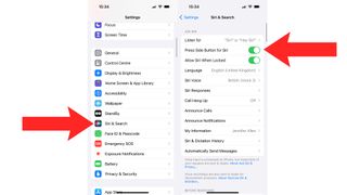 Steps for finding Siri & Search in iOS Settings.