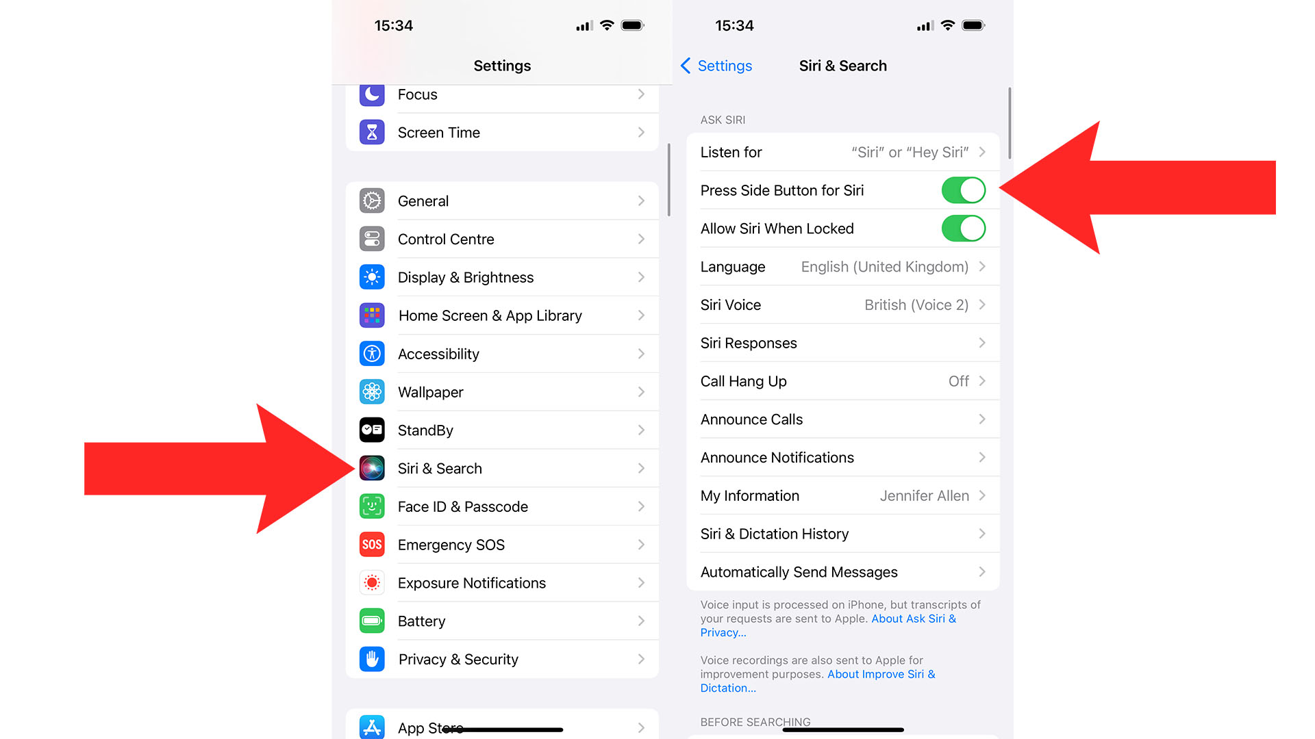 Steps for finding Siri & Search in iOS Settings.