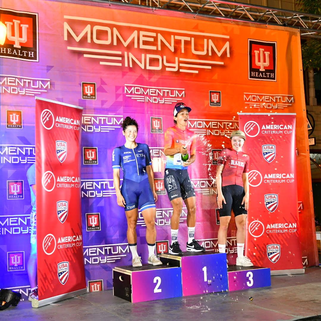 Elite women's podium after 2024 Momentum Indy Mass Ave Crit (L to R): second-placed Paola Mu&ntilde;oz, winner Marlies Mejias Garcia and third-placed Skylar Schnieder