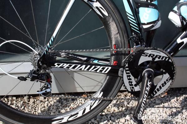 As is virtually standard issue these days, Tom Boonen's (Omega Pharma-Quick Step) Specialized S-Works Tarmac SL4 is built with generously proportioned chain stays.