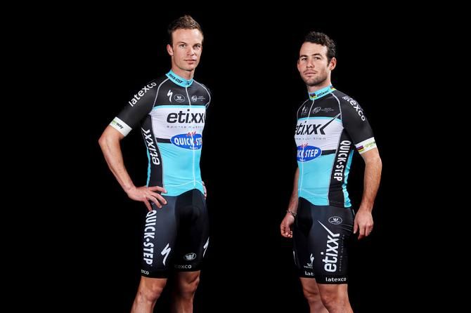 Mark Cavendish and Iljo Keisse wearing the 2015 Etixx-Quick Step kit