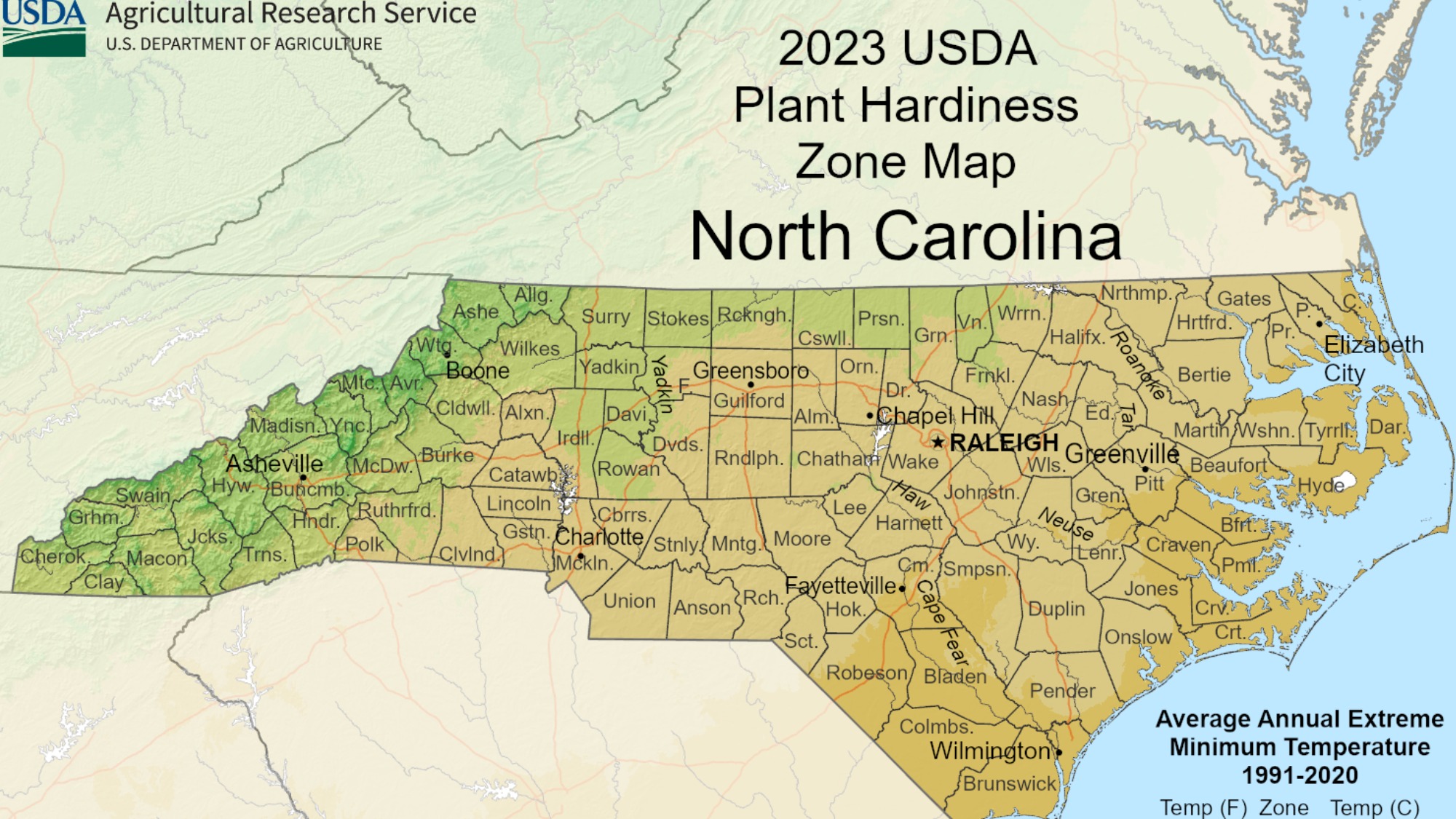 USDA North Carolina Hardiness Zone Map