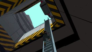 Climbing a ladder inside a spaceship, looking to a clear blue sky.