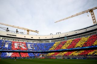 BARCELONA, SPAIN - APRIL 02: A general view as fans of FC Barcelona display a TIFO in support of their team prior to the UEFA Women's Champions League 2025/26 Quarter-finals Second Leg match between FC Barcelona and Real Madrid CF at Nou Camp on April 02, 2026 in Barcelona, ​​Spain.