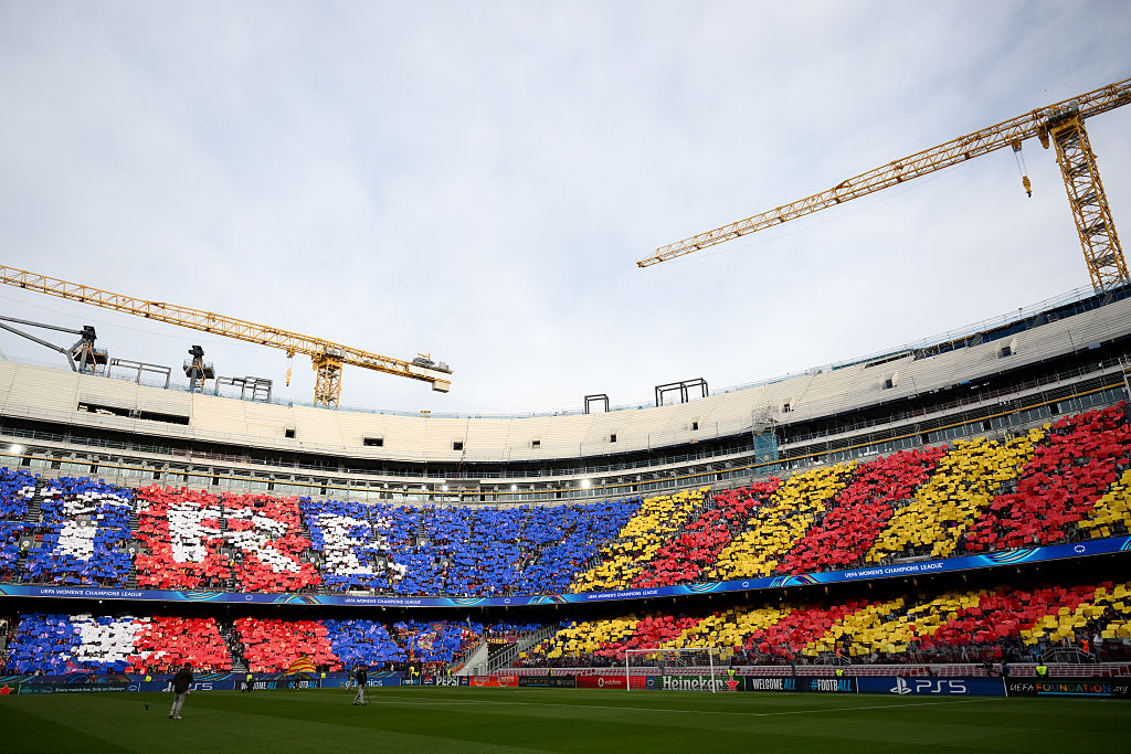 BARCELONA, SPAIN - APRIL 02: A general view as fans of FC Barcelona display a TIFO in support of their team prior to the UEFA Women's Champions League 2025/26 Quarter-finals Second Leg match between FC Barcelona and Real Madrid CF at Nou Camp on April 02, 2026 in Barcelona, &amp;#8203;&amp;#8203;Spain.