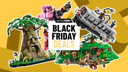 Lego Deku Tree, Mecha Team Leader, Spider-Man Subway Train Battle, and Bag-End sets on either side of a GamesRadar+ Black Friday deals badge, all against a yellow background