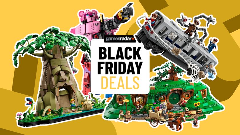 Lego Deku Tree, Mecha Team Leader, Spider-Man Subway Train Battle, and Bag-End sets on either side of a GamesRadar+ Black Friday deals badge, all against a yellow background