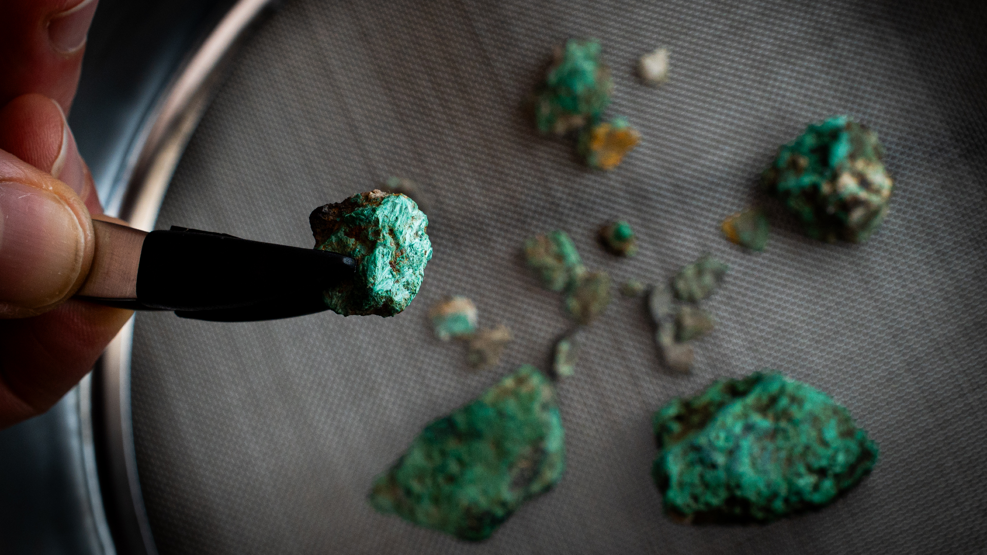 a person holds a piece of green rock in tweezers