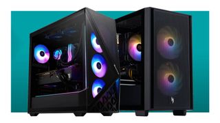 An iBuyPower and Acer gaming PC on a blue background