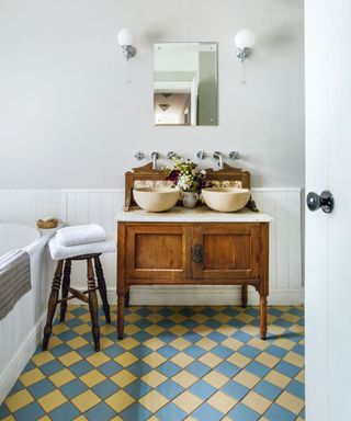 Yellow bathroom ideas with yellow basin and floor tiles