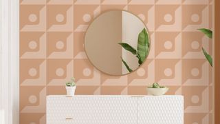 A bathroom wall featuring Peach abstract geometric wallpaper