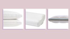 compilation of three of the best pillows for side sleepers on a lilac background