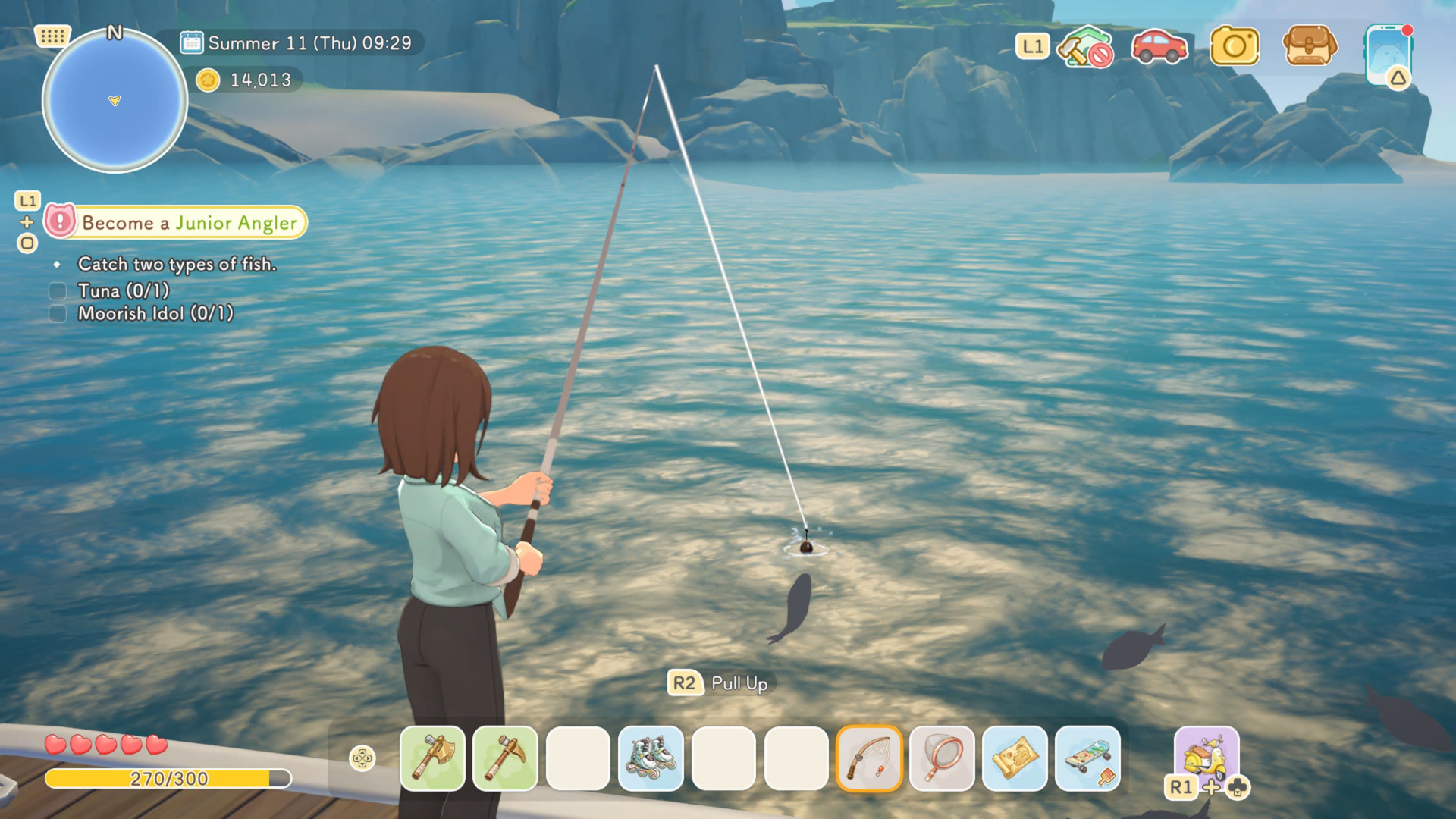The protagonist fishes in life sim RPG, Starsand Island