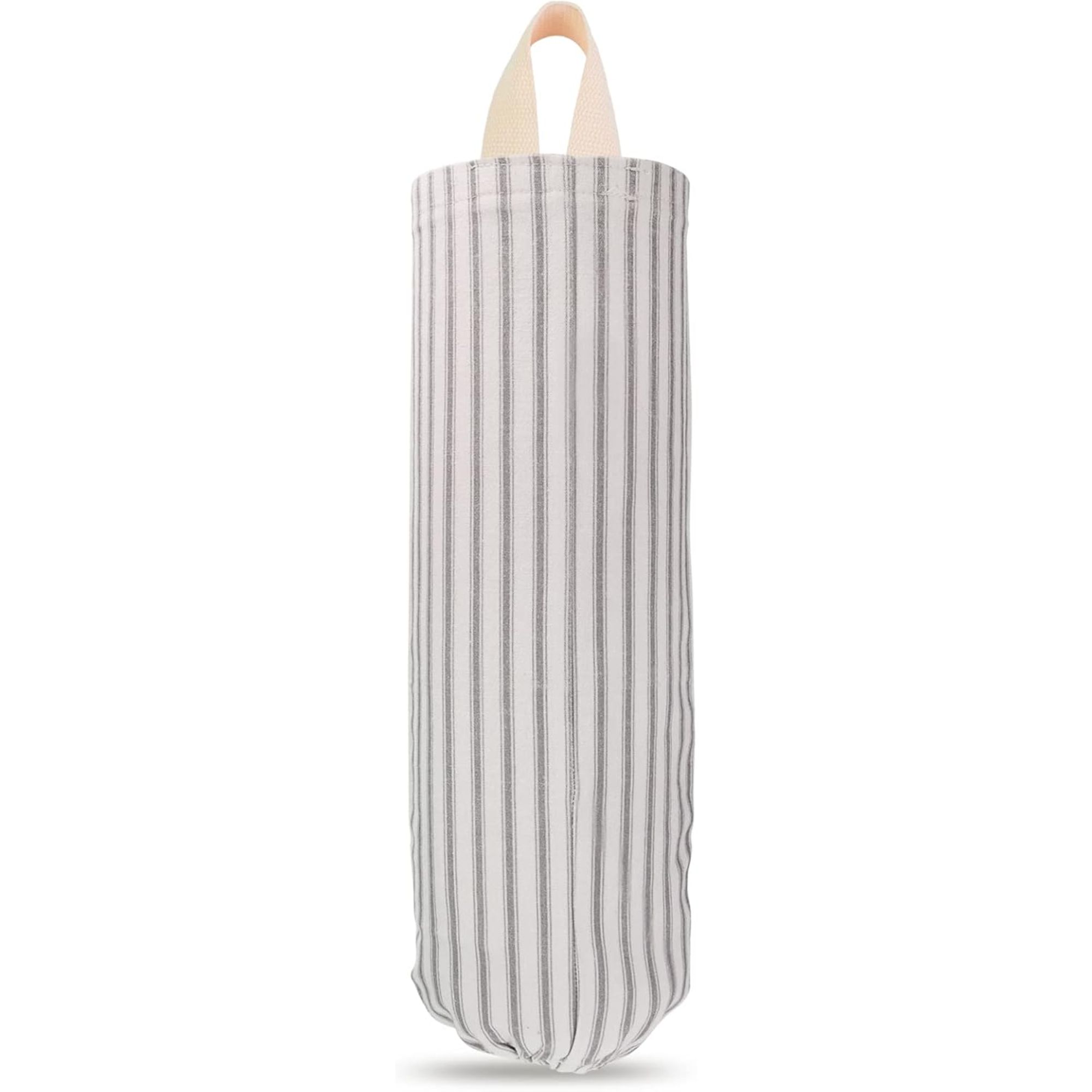 A white and grey striped plastic bag holder