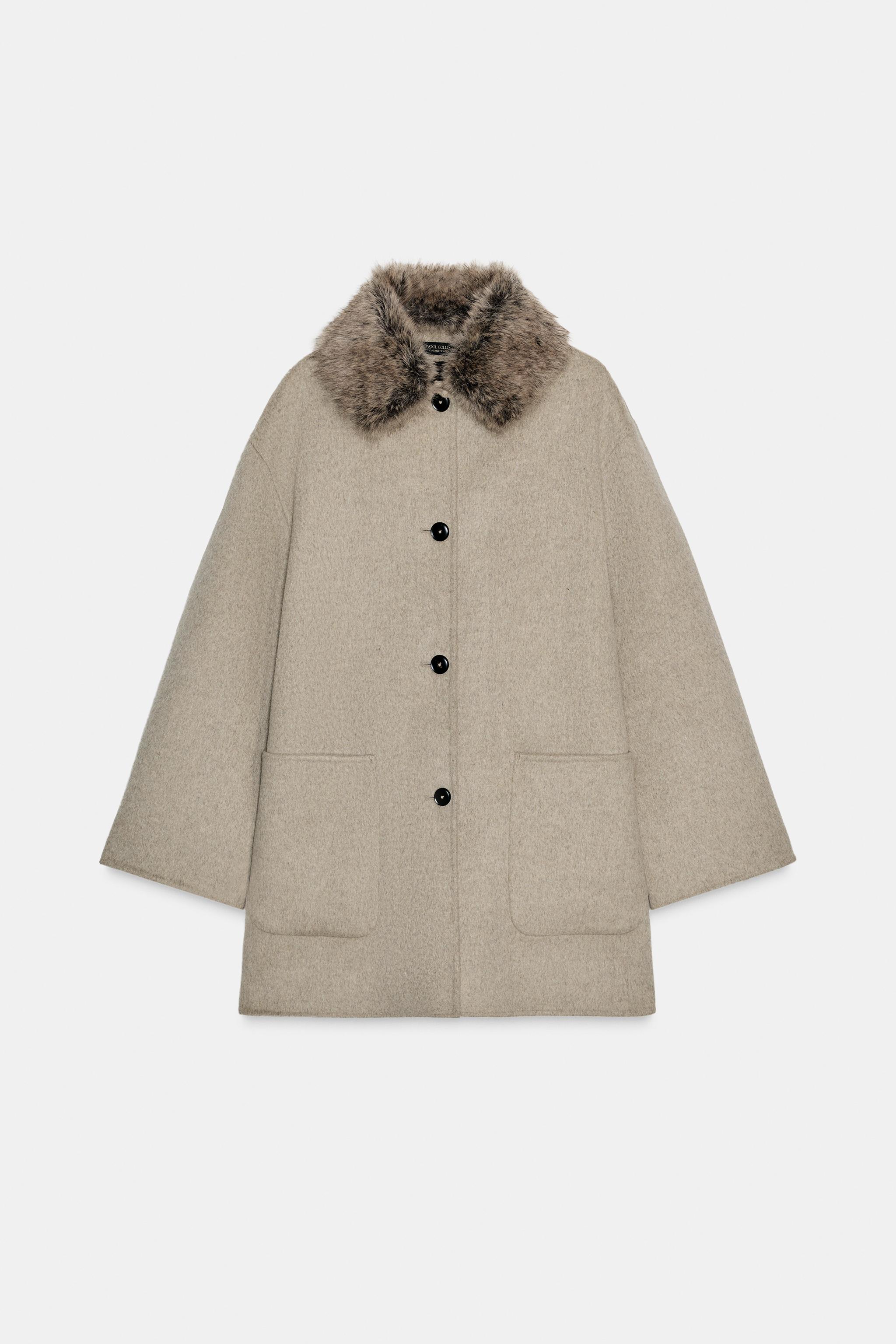 ZARA Wool Blend Coat With Faux Fur Collar Zw Collection
