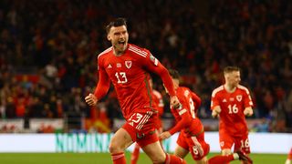 Kieffer Moore of Wales celebrates after scoring in a prior Group D match before the start of the Wales vs Turkey live stream 