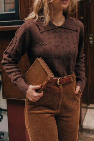 '70s Fashion Trends 2023 | Simple Retro Jasmine Cable Polo Brown Knit Sweater