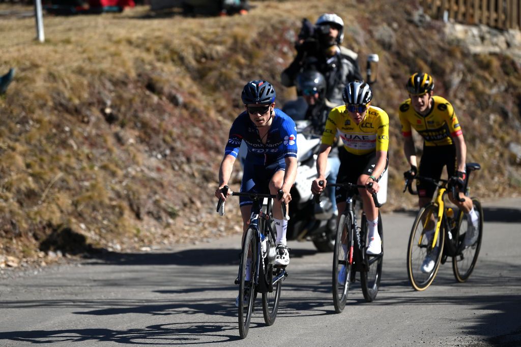 COL DE LA COUILLOLE FRANCE MARCH 11 LR David Gaudu of France and Team Groupama FDJ Tadej Pogacar of Slovenia and UAE Team Emirates Yellow Leader Jersey and Jonas Vingegaard of Denmark and Team JumboVisma compete in the breakaway during the 81st Paris Nice 2023 Stage 7 a 1429km stage from Nice to La Col de la Couillole 1676m UCIWT ParisNice on March 11 2023 in La Col de la Couillole France Photo by Alex BroadwayGetty Images