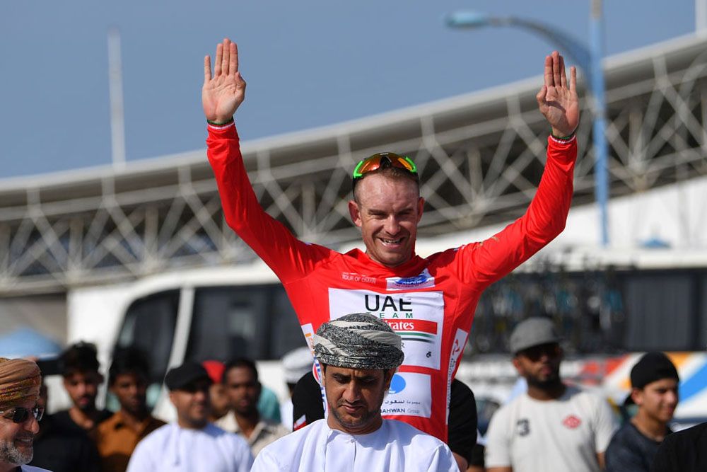 Alexander Kristoff (UAE Team Emirates) in the first leader's jersey at the 2019 Tour of Oman