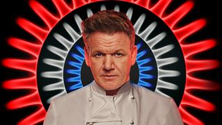 Gordon Ramsay, chef and host of Hell's Kitchen USA on Fox, posed in whites looking stern and haloed by red, white and blue concentric gas rings. , 