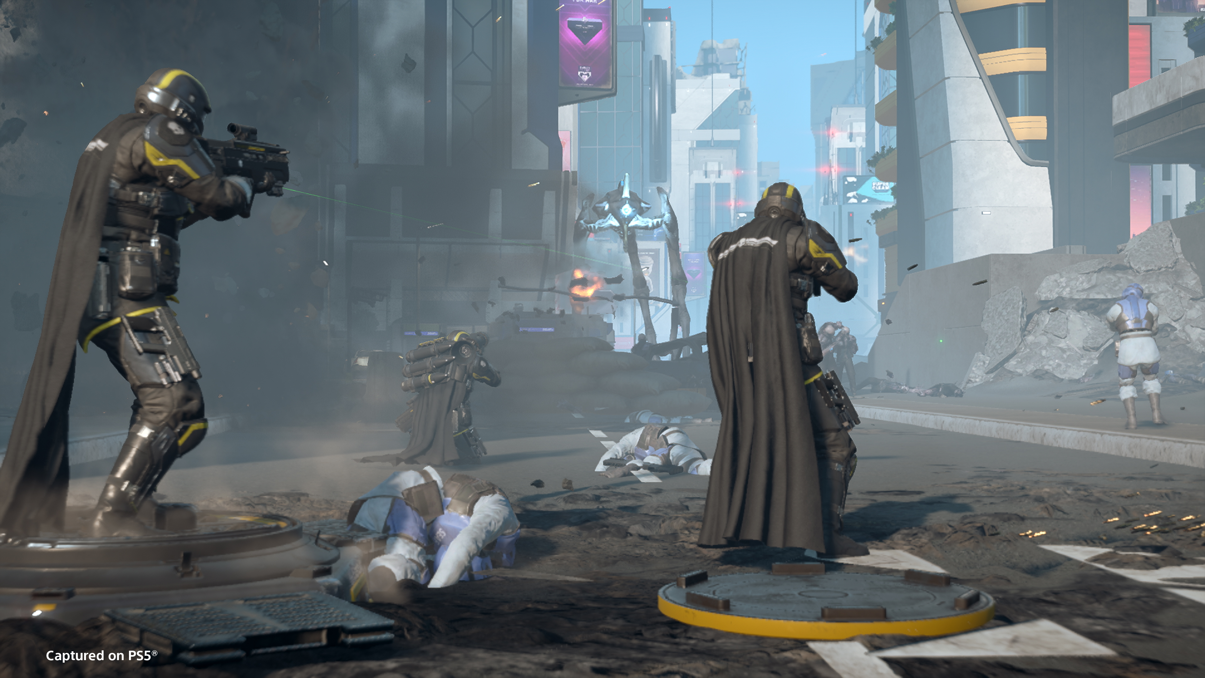 Super Earth defenders fighting Illuminate forces across a war-torn city in Helldivers 2