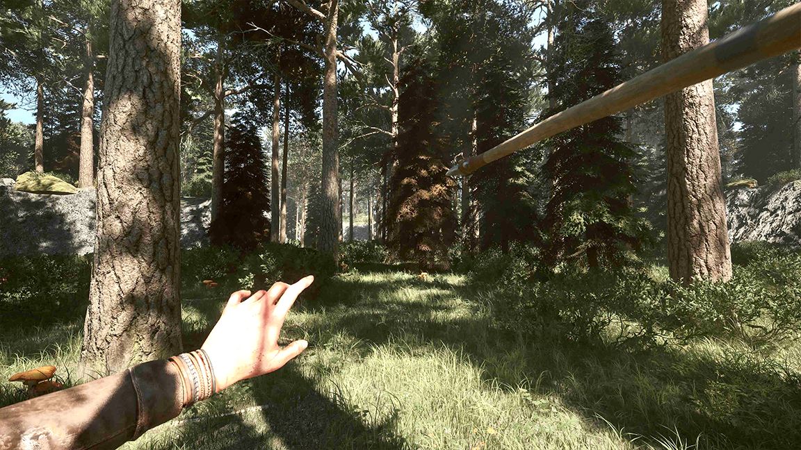 Among The Trolls by Avantgarden Games; a hand sets to throw a spear is seen in a forest, with sunlight filtering through the trees