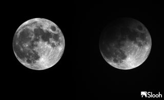 This comparison image of the Snow Moon penumbral lunar eclipse captured by the Slooh Community Observatory on Feb. 10, 2017 shows how much of the moon was darkened during the relatively minor eclipse. The image was taken by a Slooh.com telescope in Spain'