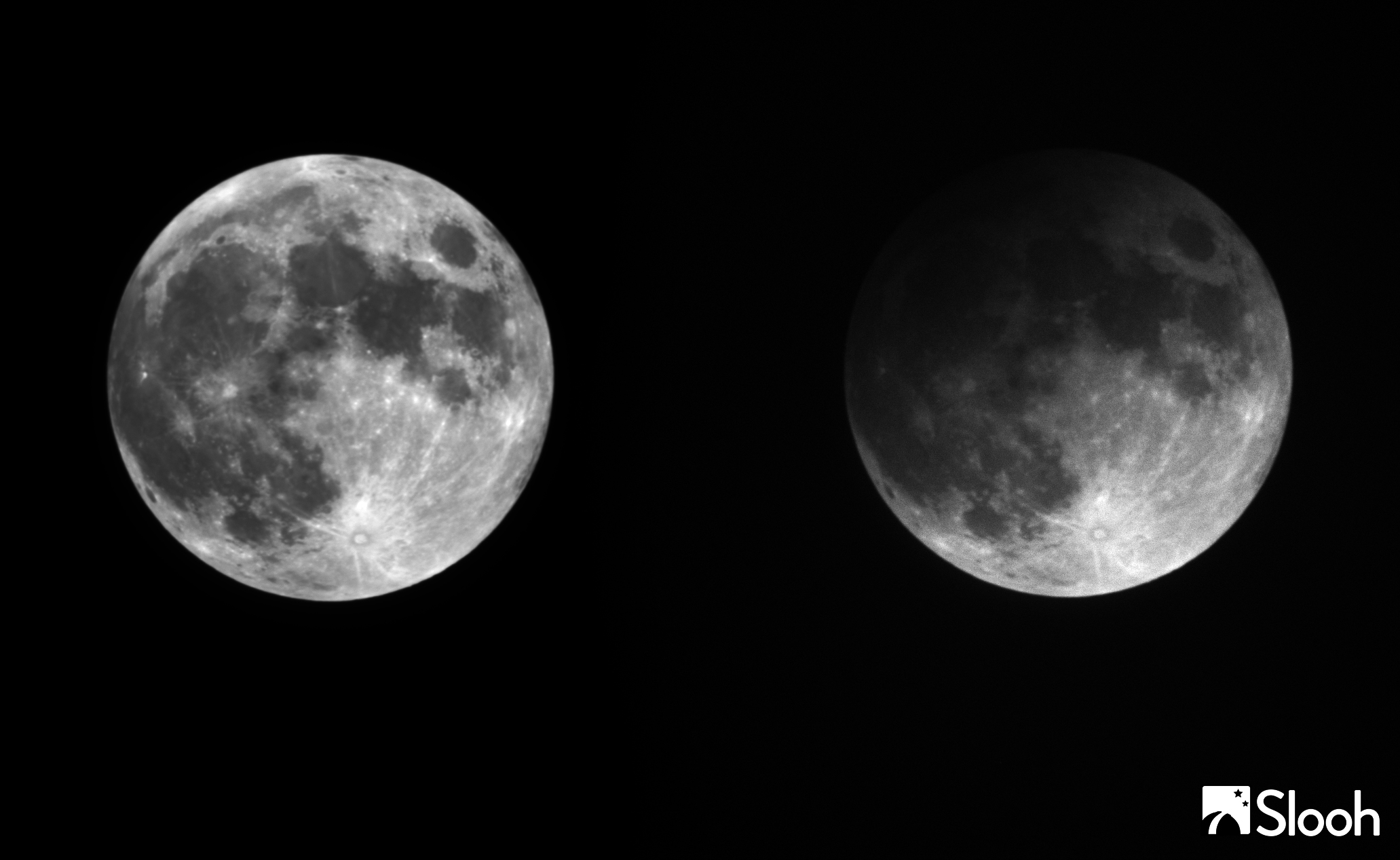 This comparison image of the Snow Moon penumbral lunar eclipse captured by the Slooh Community Observatory on Feb. 10, 2017 shows how much of the moon was darkened during the relatively minor eclipse. The image was taken by a Slooh.com telescope in Spain's Canary Islands.