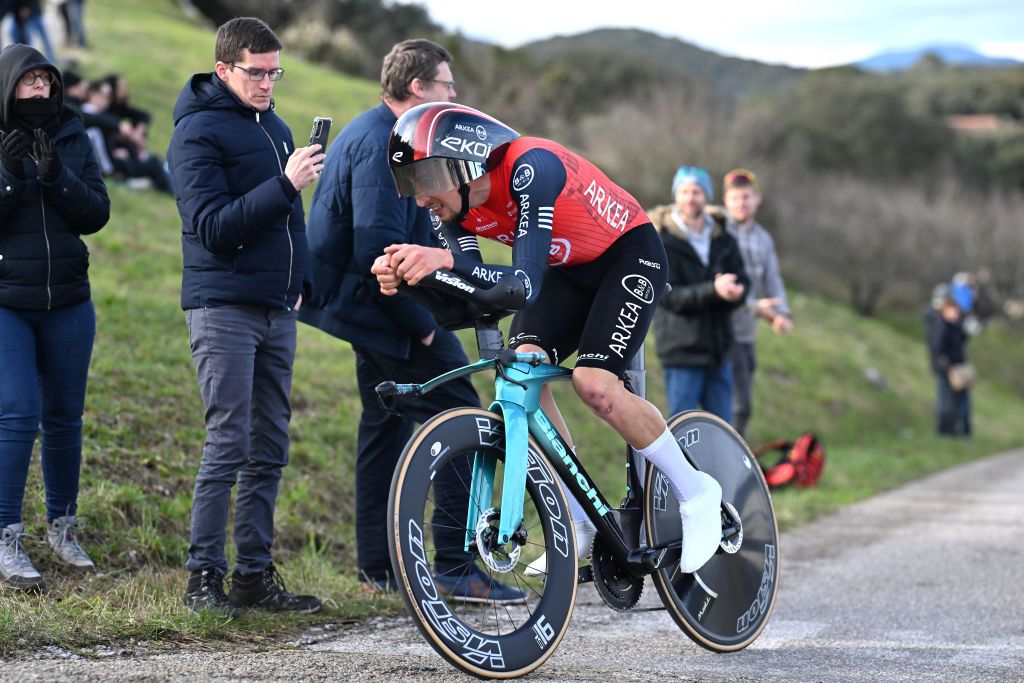 LHERMITAGE FRANCE FEBRUARY 09 Kevin Vauquelin of France and Team Arkea BB Hotels Orange Leader Jersey sprints during the 55th Etoile de Besseges Tour du Gard 2025 Stage 5 a 106km individual time trial stage from Ales to LHermitage on February 09 2025 in Ales France Photo by Billy CeustersGetty Images