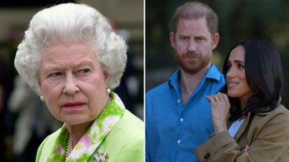 A composite of a picture of Queen Elizabeth in 2004 and a picture of Prince Harry and Meghan in Australia in 2026
